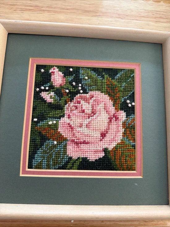 Vintage Pink Rose Cross-Stitch Wall Art - Framed Floral Home Decor