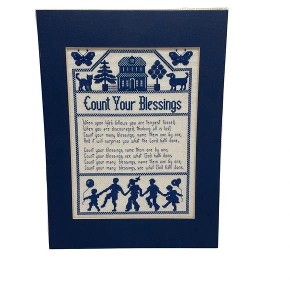 Vintage Style Cross Stitch Count Your Blessing Navy Blue 12x16 Cottage Farmhouse