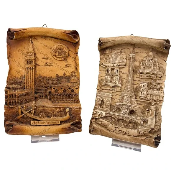 Vintage Paris Venice 3D‎ Relief Scroll Wall Plaques Set of 2 European Landmarks