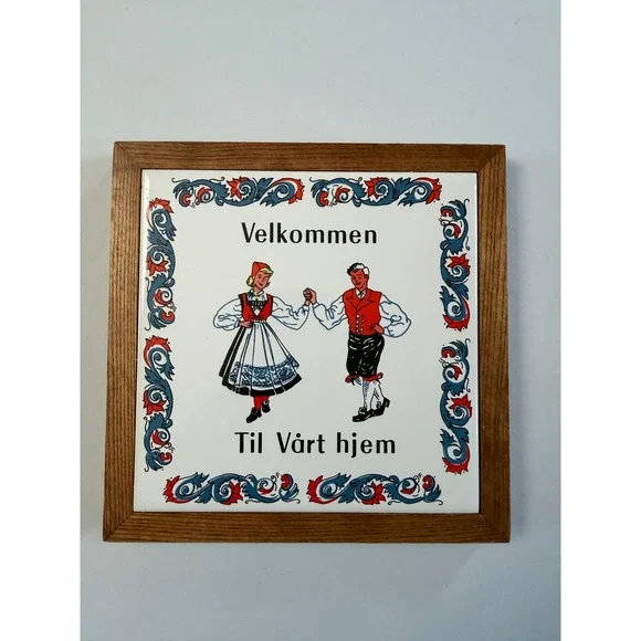 VTG  Norwegian Welcome Tile Wall Plaque Trivet  7x7 White Blue Red Folk Art