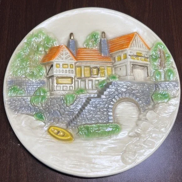Vintage Chalkware‎ Cottage Village Wall Plaque 11.5