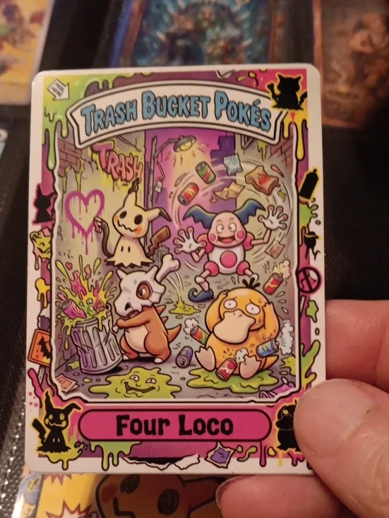 Trash Bucket Pokés Four Loco Sticker Card - Psyduck, Cubone, Mimikyu Artwork