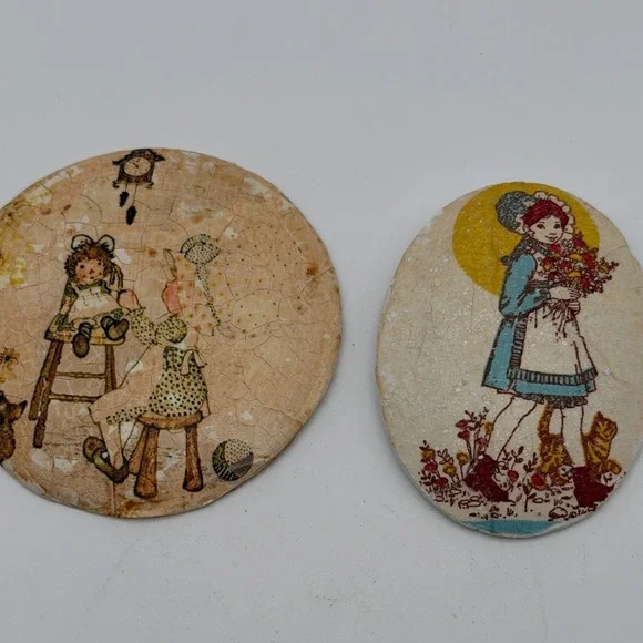 Vintage 1970s Raggedy Ann Holly Hobbie Style Plaster Wall Plaques Set of 2
