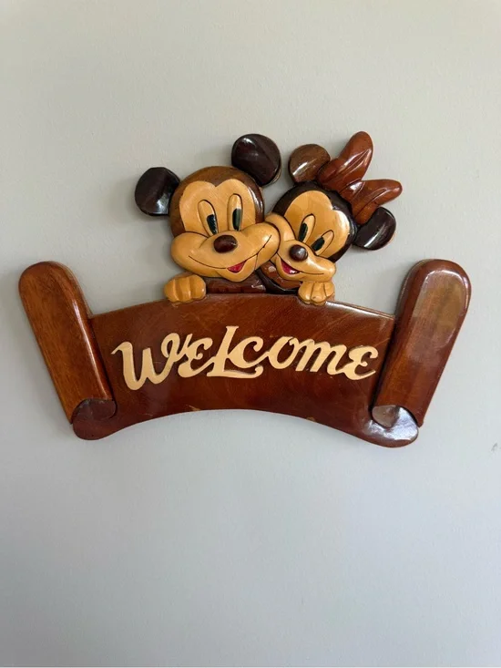 Vintage Disney Mickey Minnie Mouse Wooden Welcome Sign Wall Plaque Home Decor