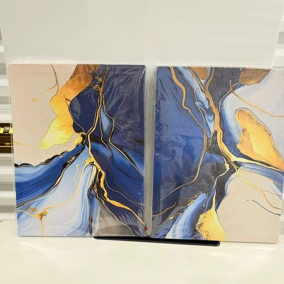 Abstract Blue Gold Marble Canvas Wall Art Set 2 Piece Modern Fluid Diptych 12x16