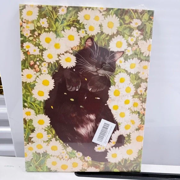 Black Cat Sleeping in Daisies Canvas Wall Art 12x16 Gallery Wrapped Floral Decor