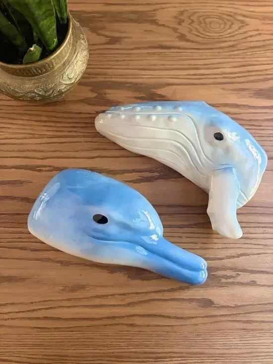 Vintage 1980s Hand Painted Ceramic Humpback Whale Dolphin Wall Hanging Heads