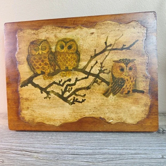 Vintage Owl Wood Wall Plaque Art 70s MCM Retro Cabin Decor Trio Owls Branch 8x6