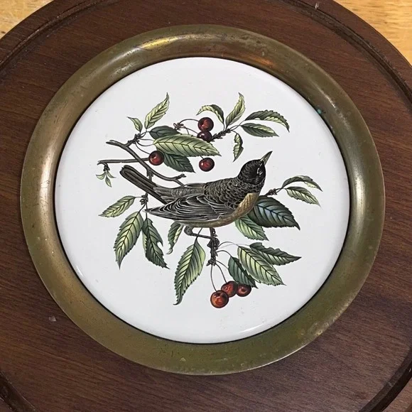 Vtg Metalsmiths of Virginia Solid Brass Bird & Cherries Wall Plaque 6