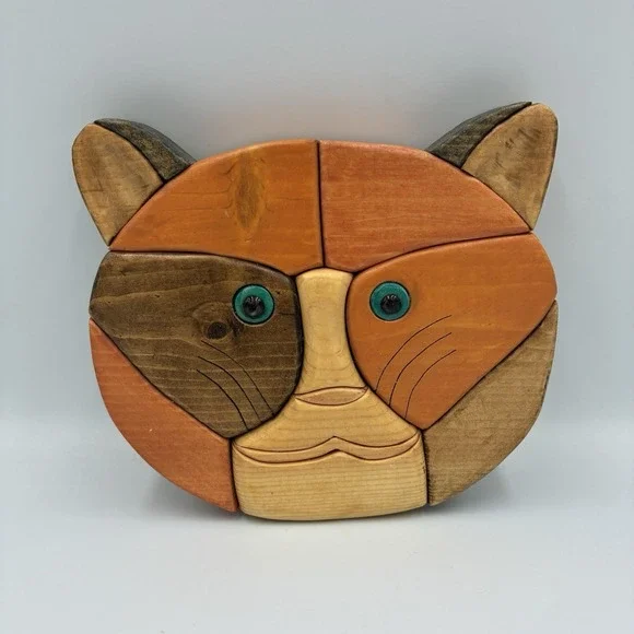 INTARSIA‎ MIXED WOOD Cat HEAD WALL ART HANDMADE