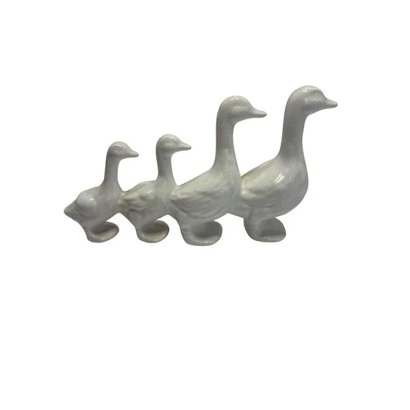 White Ceramic Duck Family Figurine Graduated Geese Row Farmhouse Decor Vintage