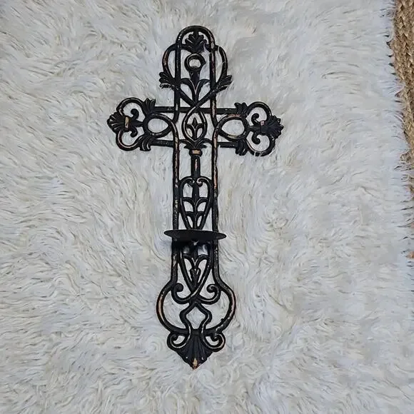 Metal Weathered Wall Cross Candle Holder