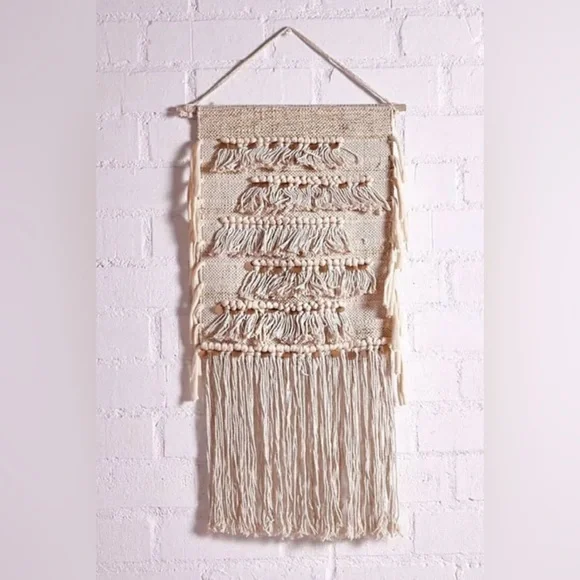Off white tasseled gold coin fringe macrame wall hanging
