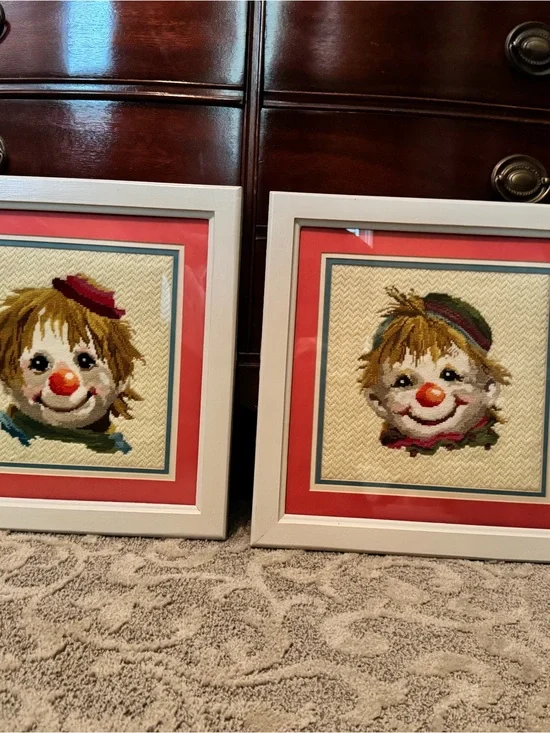 Pair of Framed Clown Needlepoint Wall Art - Coral Mat