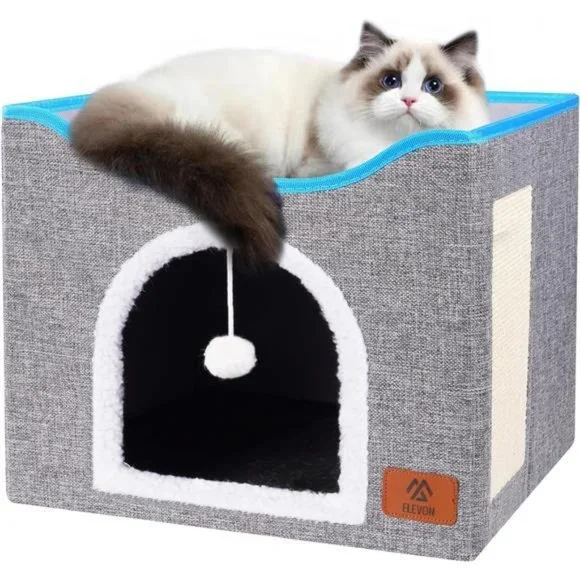 Elevon Cat Beds, Cat House Cat Cave Beds with Scratch Pad, Foldable (Grey)