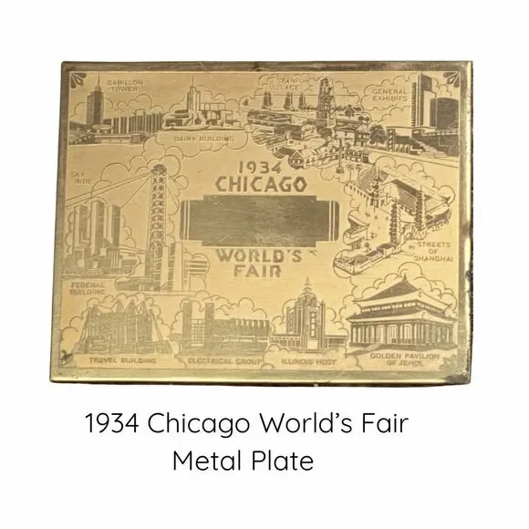 1934 Chicago Worlds Fair Etched Brass Souvenir Plate Century Of Progress 5”x4”