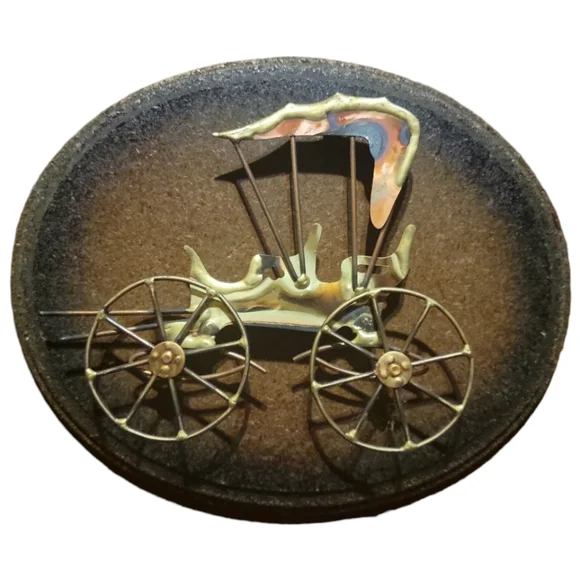 Vtg Metal Art Copper Brass Horse Buggy Carriage Wooden 3D Wall Plaque