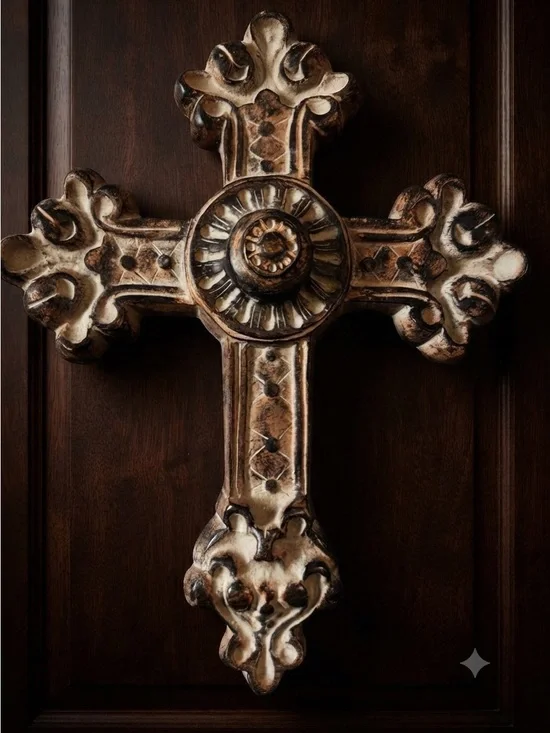Ornate Decorative Wall Cross in Distressed Brown Finish