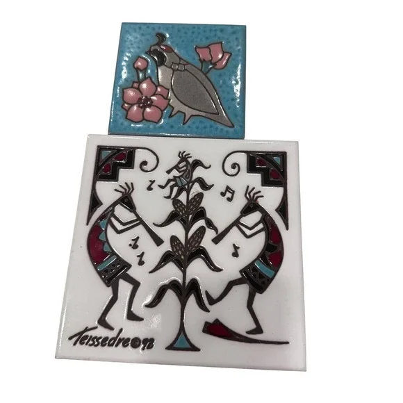 2 Teissedre Designs Kokopelli & Quail Tile Trivet‎ Handcrafted  4x4 6x6 Vintage