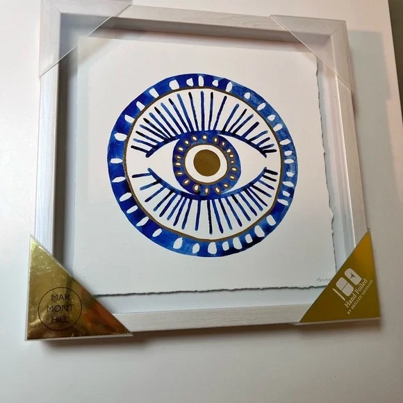 Marmont Hill Evil Eye Hand Foiled‎ Framed Wall Art Blue Gold 12x12 New