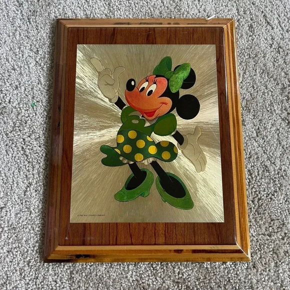 Vintage Disney‎ Minnie Mouse Wooden Plaque Wall Art Green Dress Polka Dot Retro