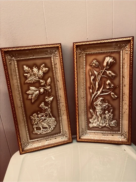 Vintage Gold Relief Floral Wall Plaques - Set of 2