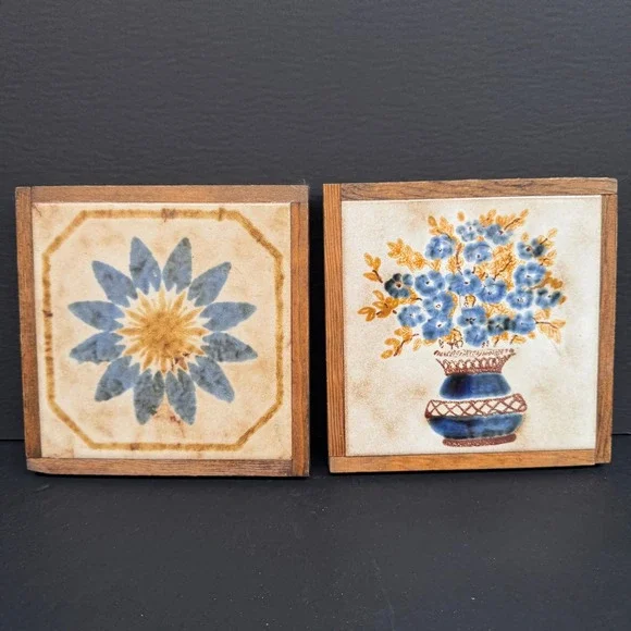 Vintage Italian Ceramic Art Tiles Set of 2 Wood Framed Floral Blue Made in Italy