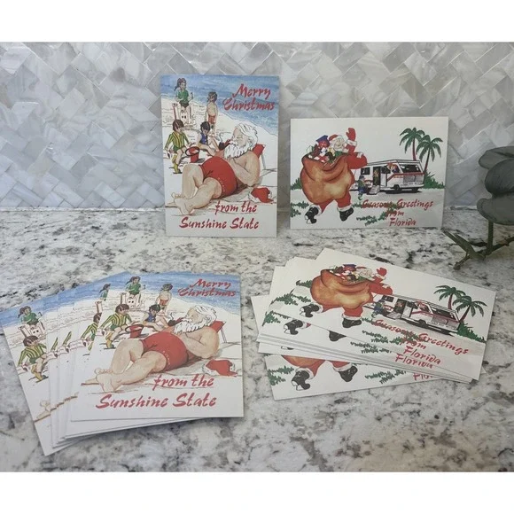 27 NOS Vtg Style Postcards Card Christmas Santa Claus Florida RV Beach‎ READ