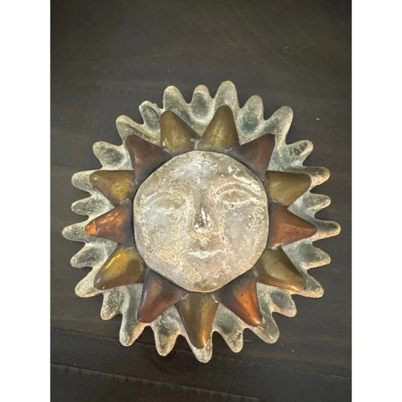 Vintage Celestial Sun Face Wall Plaque Mixed Media Sunburst Decor 5.5 Inch