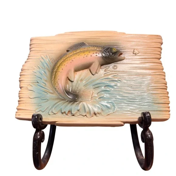 Vintage Orn-A-Craft Jumping Trout Fish 3D Relief Wall Plaque Rustic Cabin Decor
