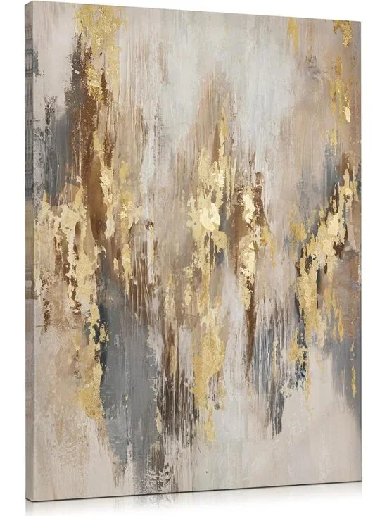 Neutral Abstract Canvas Wall Art - Modern Gold & Beige Decor for Living Room