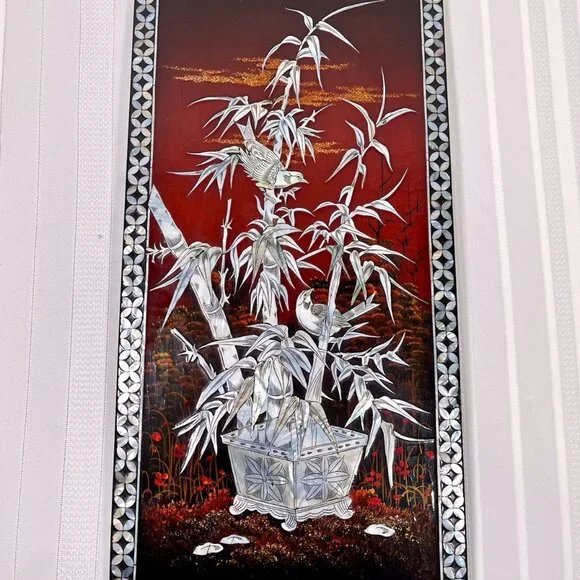 Vintage Mother of Pearl Inlay Lacquer Wall Panel Bamboo Birds Red Sunset Asian