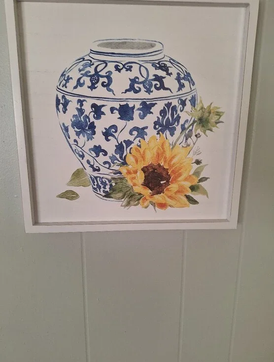 Blue and White Decorative Vase Print with Sunflower Wall Art Picture
