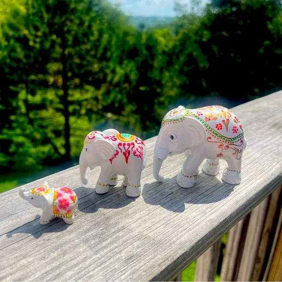 Wood Elephant Sculpture Statue Handmade Carved Wooden Figurine 3 pcs set