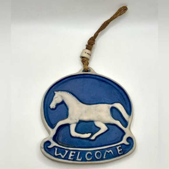VTG 80s Lay Handmade Ceramic Horse Welcome Plaque Rustic Pottery Hang Western