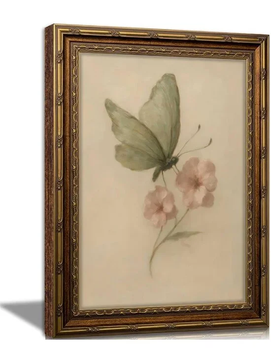 Vintage Gold Framed Butterfly & Flower Canvas Art | Rustic Cottagecore Wall