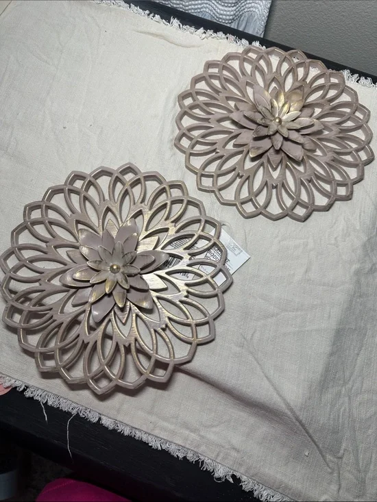 Decorative Floral Wall Plaques in Taupe and Gold – Set of 2 NWT