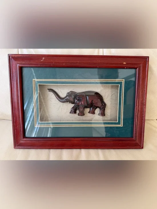 Framed Carved Wooden Elephant Wall Art - Dark Mahogany