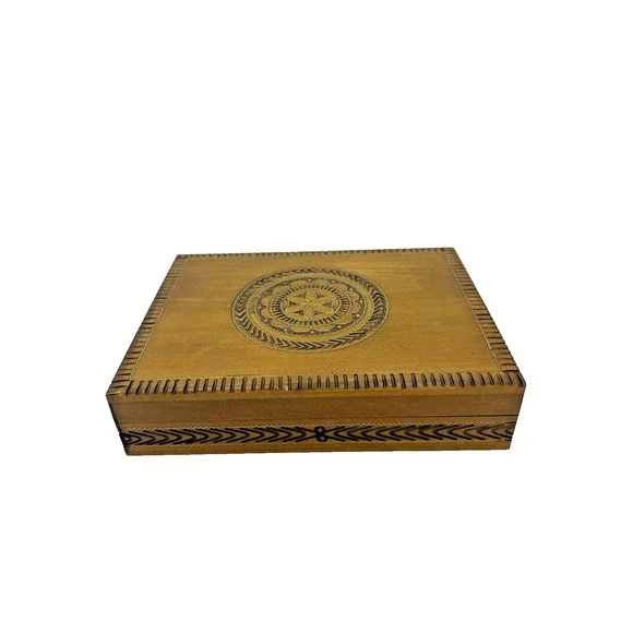 Vtg‎ Wooden  Polish Etched Carved Card Trinket Hinged Box Gold Inlay 4.5 x 6