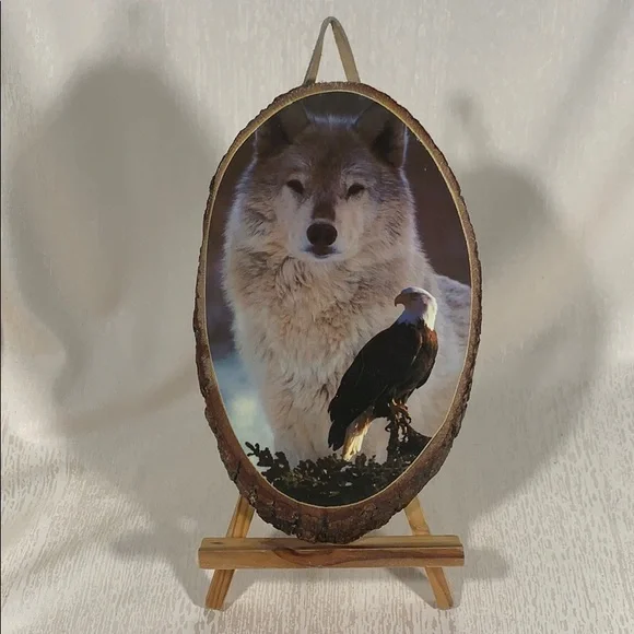 Vintage Wooden Eagle & Wolf Wall Plaque
