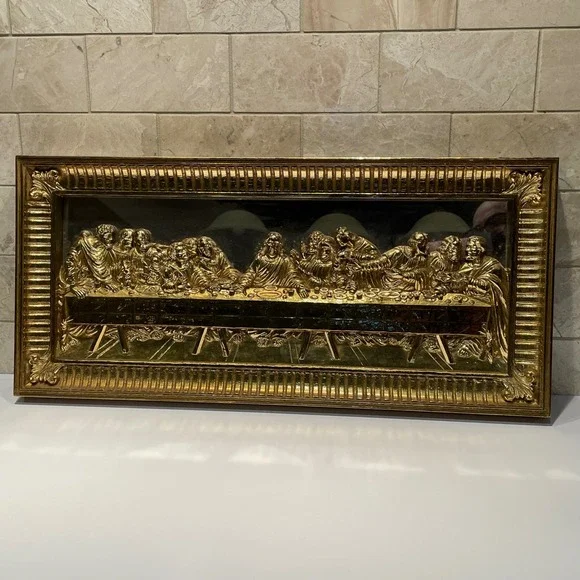 VTG Gold 3D The Last Supper Wall Art Mirror Ornate Framed Religious Decor 21x10