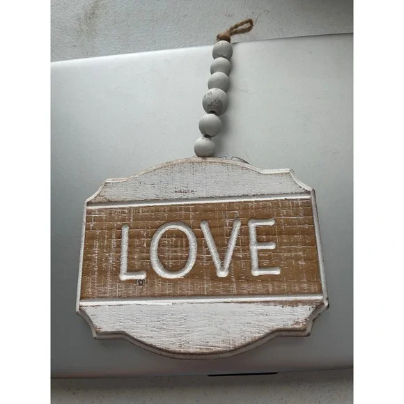 Rustic Wooden LOVE Wall Hanging Sign Farmhouse Decor with Beaded Jute Loop
