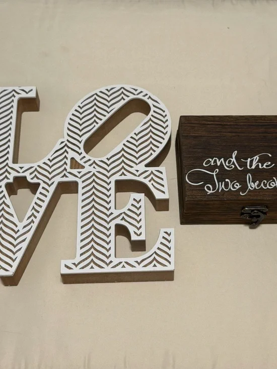 White Patterned Valentine’s Day LOVE Sign & Brown Western Wedding Ring Box