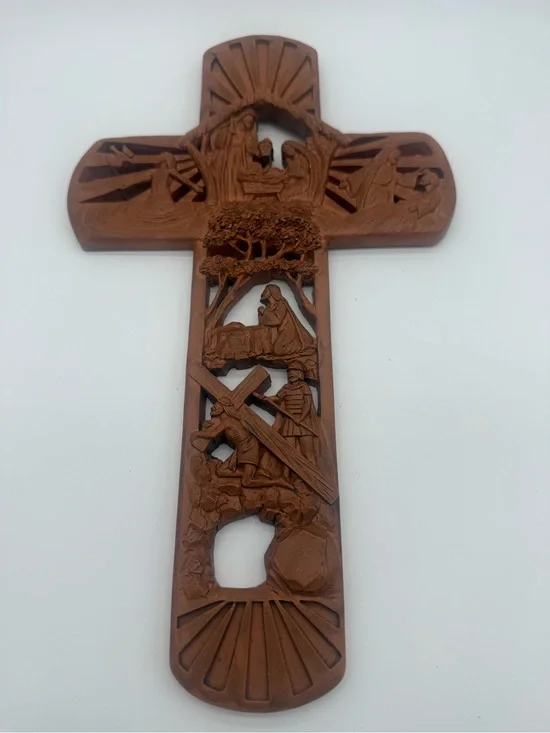 Dicksons Carved Details Woodgrain Resin Cross Life Story of Christ 12”x7” Wall