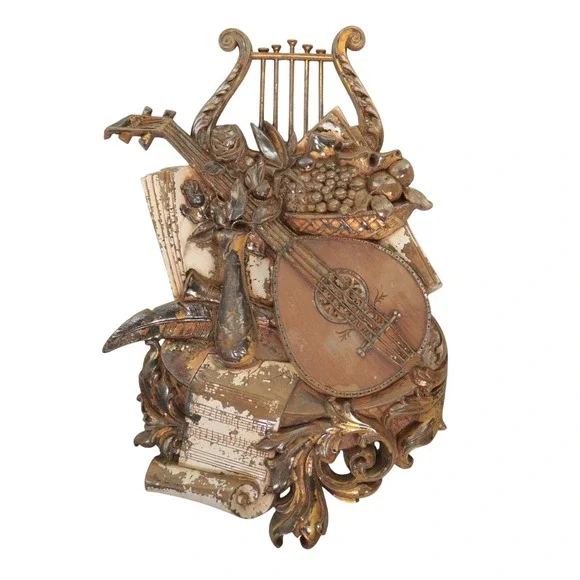 Vintage Syroco Decor Musical Wall Plaque 3D Relief Lute Lyre Sheet Music Gold