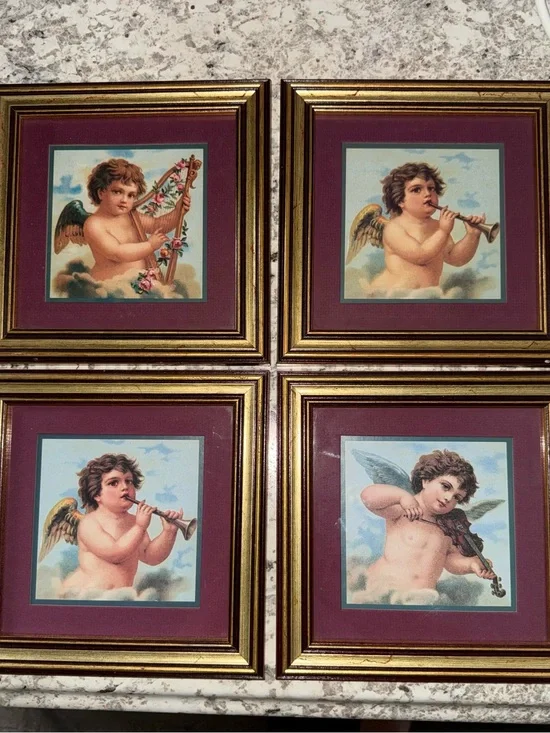 Vintage Gold Framed Cherub Wall Art Set with Burgundy Mats