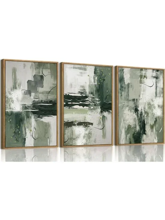 3-Piece Large Modern Abstract Canvas Wall Art Set - Sage Green Minimalist Decor