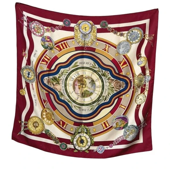 Hermès Parmi les Fleurs Je Compte les Heures 90 Silk Scarf Burgundy Vintage