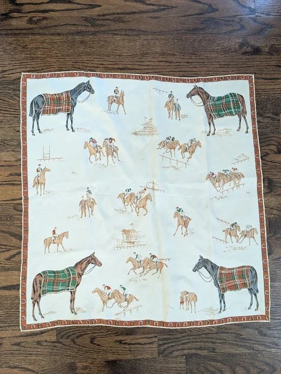 Vintage Equestrian Horse Racing Scarf Jockey Derby Plaid Horseshoe Border