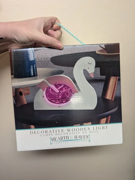 NIB White And Pink Swan Decorative Wooden Light